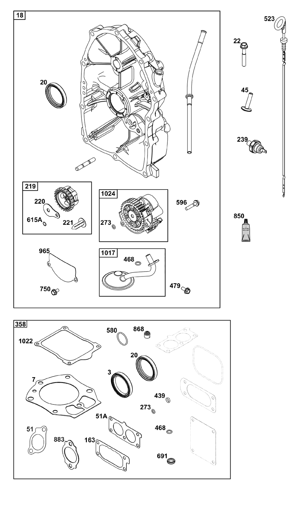 Crankcase Cover/Sump Group Diagram and Parts List for 541477-0135-J1 400000 - 699999 Briggs and Stratton Engine